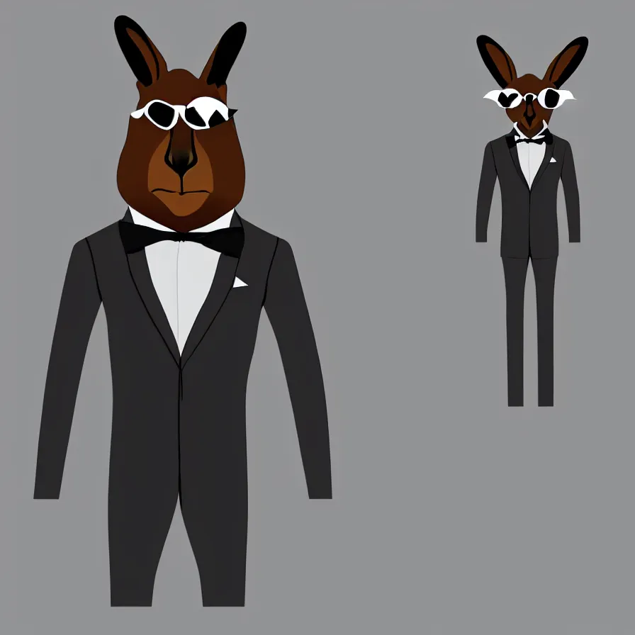 Prompt: spy kangaroo, in a strict suit with bowtie, avatar image, digital art, minimalism