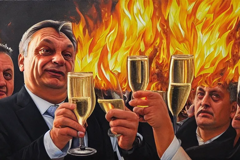 Image similar to viktor orban drinking champagne and cheering in front a burning city, highly detailed eyes, oil on canvas