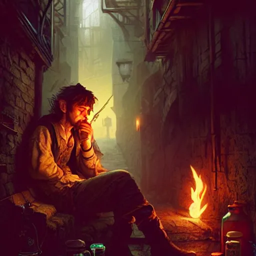 Image similar to Drug addict hobbit smoking in a dark alley, ultra realistic, concept art, intricate details, dark, highly detailed, photorealistic, octane render, 8k, unreal engine, art by artgerm and greg rutkowski and alphonse mucha