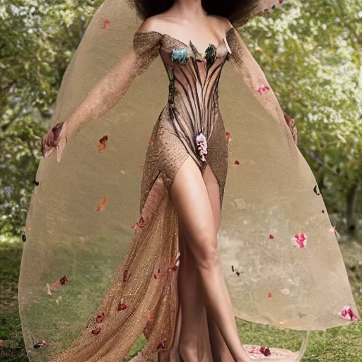 Image similar to exclusive evening dress made of bronze transparent fabric fantasy with colored flower petals made of fabric. intricate asymmetrical patterns. an elegant hat. hyperrealistic photos, clear details.