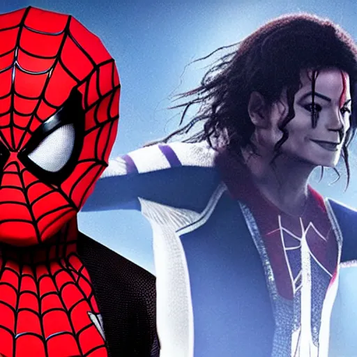 Image similar to Michael Jackson as spiderman, 4K action packed movie with lots of Unreal Engine realistic 2022 graphics