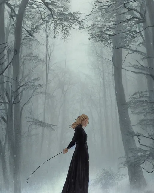 Image similar to elsa walking in a forest, winter, somber, sad, black dress, low light, foggy at dawn, sunlight visible through tree leaves, misty, magic, atmospheric art by artgerm and greg rutkowski and alphonse mucha and by artgerm, by studio muti, greg rutkowski makoto shinkai takashi takeuchi,