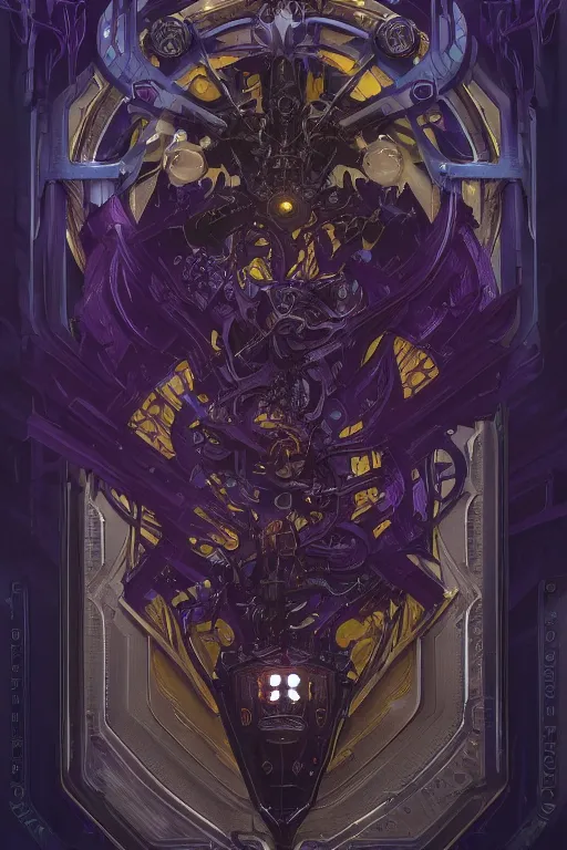 Image similar to Boardgame card back, sci-fi, horror, cyberpunk, ornamental edges, sharp, intricate, symmetrical, Lovecraftian, purple, gold, black and blue, tzeentch, by greg rutkowski and alphonse mucha, 8k, trending on artstation