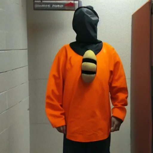 Prompt: inmate with orange suit and wearing a bee head