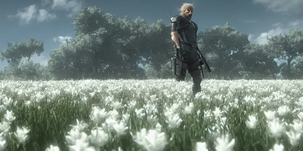 Image similar to Snake from metal gear solid standing in a field of white flowers, unreal engine 5, hyperdetailed, cinematic