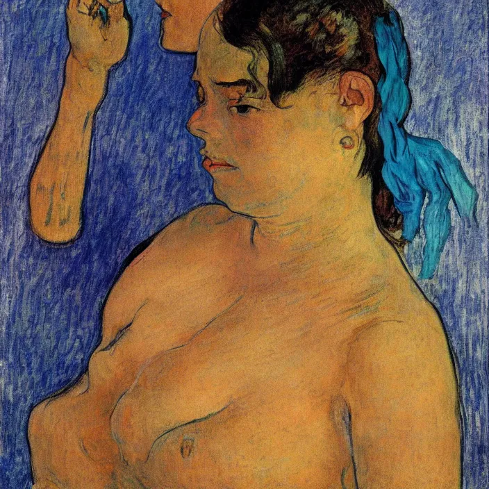 Image similar to portrait of a island woman. indigo blue, turquoise. henri de toulouse - lautrec, ferdand hodler, egon schiele, gauguin, kathe kollwitz