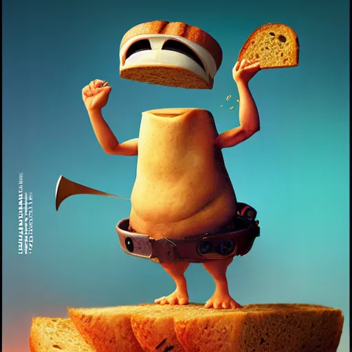 Prompt: a large slice of toasted bread with a face, arms and legs, holding a sword, cute pixar character, volumetric lighting, dynamic composition, fantasy, hyper detailed, ultra realistic, sharp focus, octane render, concept art by sachin teng and sergey kolesov and ruan jia and heng z
