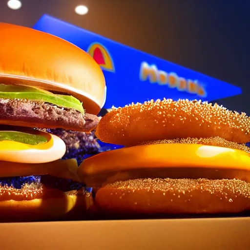 Image similar to closeup portrait of an ethereal mcdonalds made of blue light, divine, cyberspace, mysterious, dark high-contrast concept art