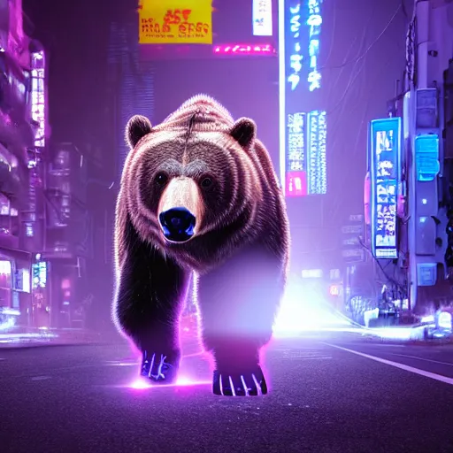Prompt: cyborg grizzly bear with part of head replaced with metal and eye replaced with bright purple light on the streets of neo tokyo, 4k award winning render, realistic, neon, dark, gritty