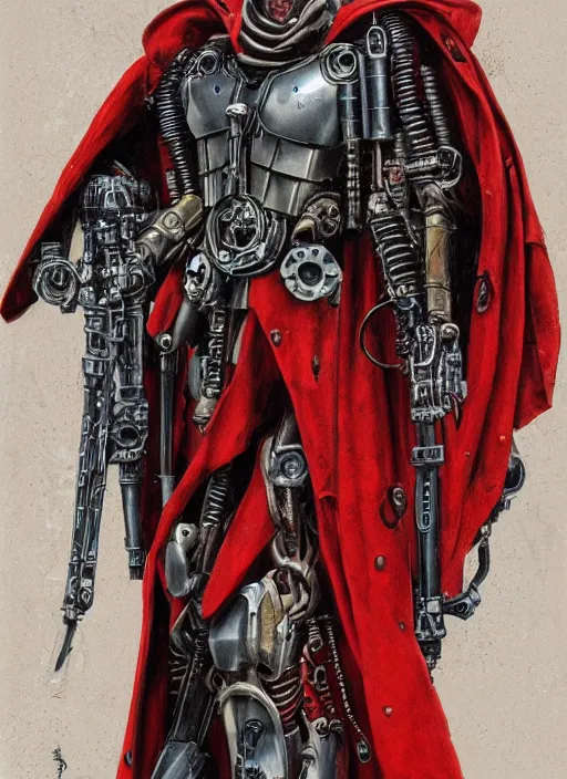 Image similar to portrait of rotten Tom Cruise as adeptus mechanicus in red hood and robe from Warhammer 40000. Highly detailed, artstation, illustration by and John Blanche and zdislav beksinski and wayne barlowe and Gustav Klimt