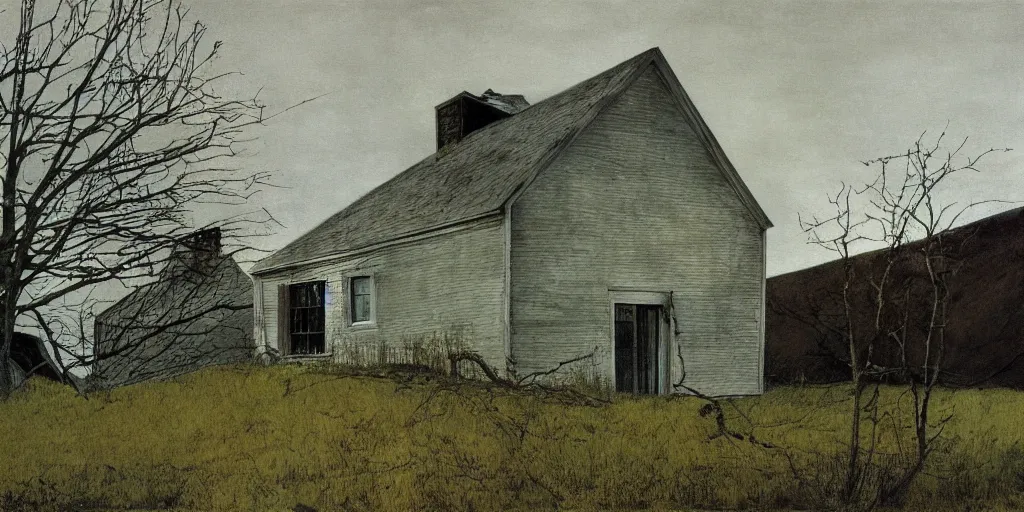 Image similar to a lonely house, painting by Andrew Wyeth