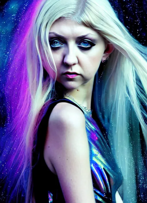 Image similar to elegant teen Taylor Momsen as empress of pulsar stars. ultra detailed painting at 16K resolution and amazingly epic visuals. epically beautiful image. amazing effect, image looks gorgeously crisp as far as it's visual fidelity goes, absolutely outstanding. vivid clarity. ultra. iridescent. mind-breaking. mega-beautiful pencil shadowing. beautiful face. Ultra High Definition. godly shading diffusion. amazingly crisp sharpness. photorealistic 3D rendering on film cel processed twice..