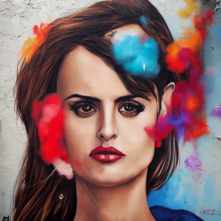 Image similar to Street-art portrait of Penélope Cruz Sánchez in style of Etam Cru, photorealism