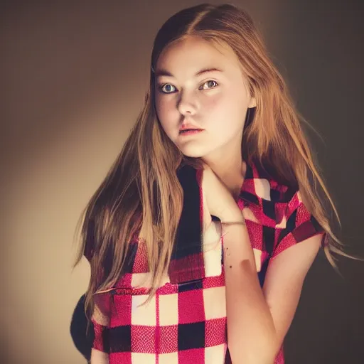 Image similar to female jade weber model teenage photography plaid mini skirt beautiful face, dramatic light darkroom