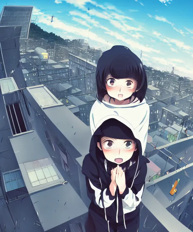 Image similar to anime visual, portrait of a young black haired girl wearing hoodie sightseeing above the urban city, on the school rooftop, guardrail, cute face by yoh yoshinari, katsura masakazu, dramatic lighting, dynamic pose, dynamic perspective, strong silhouette, ilya kuvshinov, moody, detailed