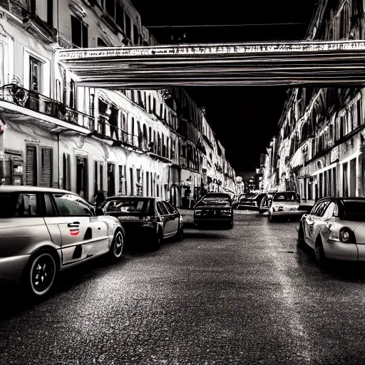 Image similar to long exposure of the cars in genoa at night. genova. street. night. neon lines. cars. nostalgic.