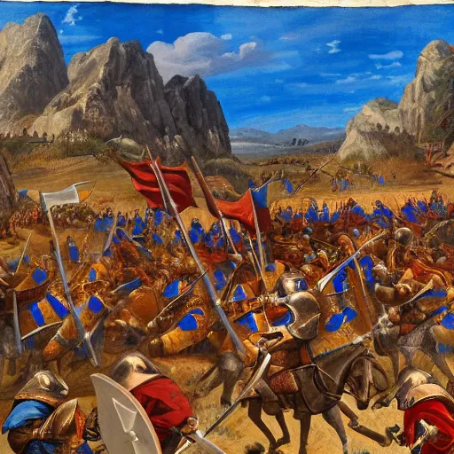 Image similar to wideshot of a medieval battle in front of a beautiful blue mountainscape, painting