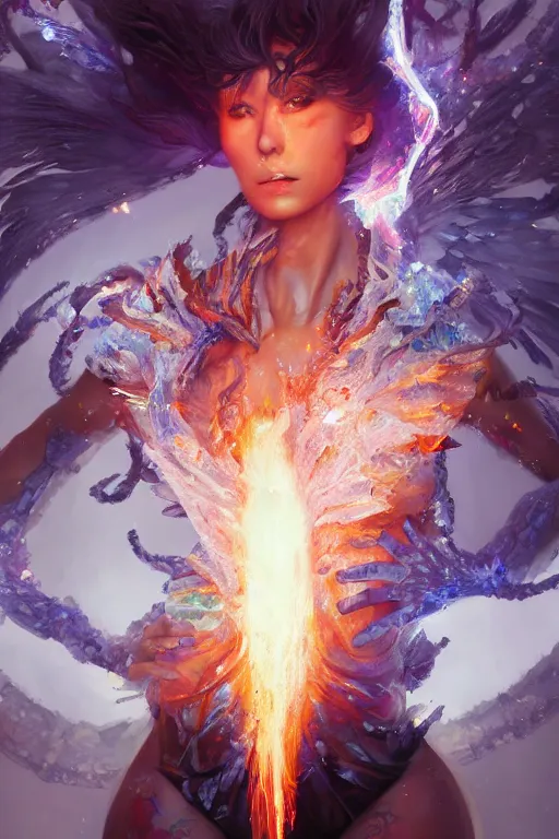 Image similar to torso closeup model wearing exploding fire crystal dress, sorcerer, diamonds, angel, fantasy, dramatic lighting, highly detailed, digital painting, holding electricity, magic the gathering, hyper detailed, 3 d render, hyper realistic detailed portrait, peter mohrbacher, wlop, ruan jia