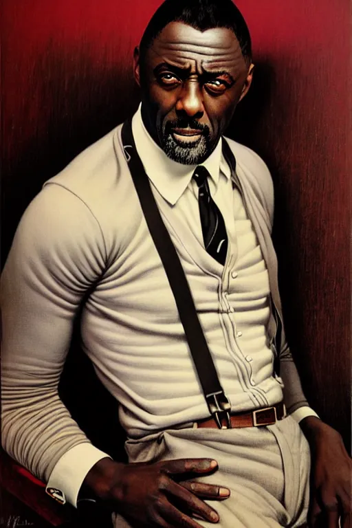 Prompt: idris elba portrait by gil elvgren and norman rockwell and rob gonsalves and hajime sorayama, hyperrealistic, high detail, ultra detailed, highly detailed face, ruffled fabric