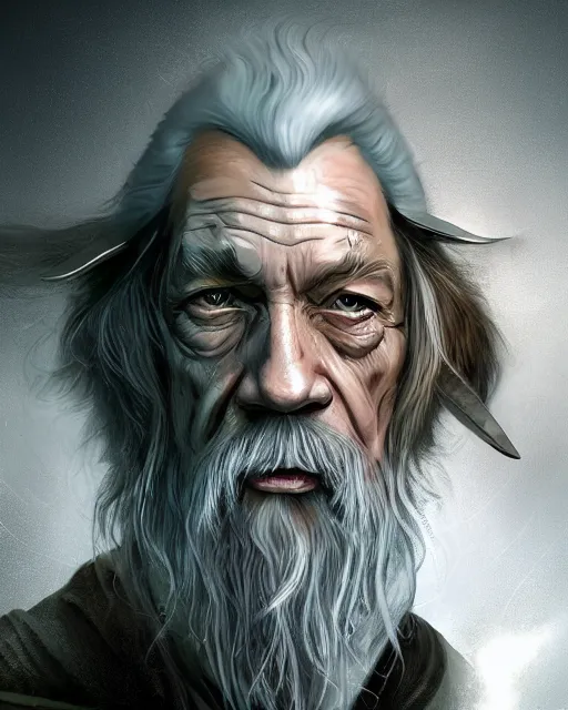 Image similar to gandalf with cybernetic enhancements, androidscifi character portrait by 1 / 4 headshot, cinematic lighting, dystopian scifi gear, gloomy, profile picture, mechanical, half robot, implants, steampunk