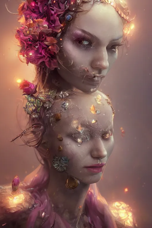 Image similar to fairy face closeup of beautiful girl necromancer, witch - doctor covered with crystals exploding into ice, 3 d render, hyper realistic detailed portrait, holding magic flowers, ruan jia, wlop. scifi, fantasy, hyper detailed, octane render, concept art, peter mohrbacher