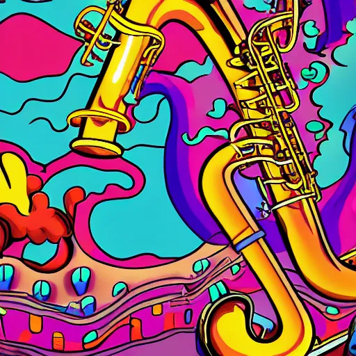 Image similar to Lisa Simpson falling into a giant saxophone, psychedelic art, uhd, matte painting