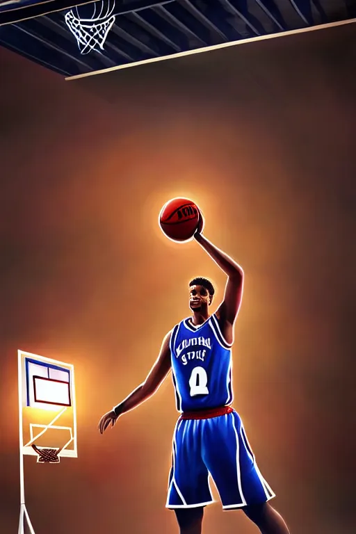 Prompt: basketball player about to do slam dunk during basketball game in floodlight basketball court, cinematic lighting, realistic wide angle, sharp focus, 8 k high, 6 4 megapixel, insanely detailed, intricate, sport, exciting art by artgerm and wlop