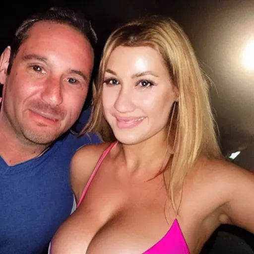 Image similar to photo of a 4 0 year old man that looks young for his age dating a very attractive 2 2 year old woman wearing a bikini. they are at a nightclub.