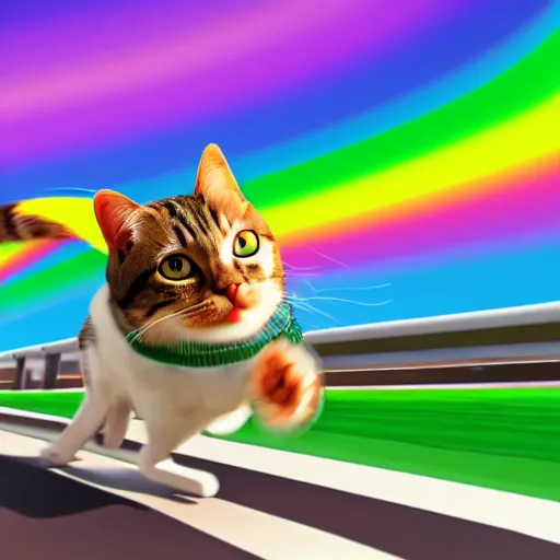 Image similar to digital illustration of a cat with wind blowing through his jacket, driving a kart through rainbow road, 4K