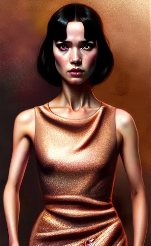 Prompt: Joy from Blade Runner 2049 with a rose gold dress, with no derpy face, hyper realistic portrait, intricate, elegant, highly detailed, digital painting, artstation, concept art, rough, sharp focus, illustration, art by artgerm and greg rutkowski and alphonse mucha