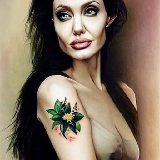 Image similar to “Angelina Jolie portrait, whole body in flower tattoo”