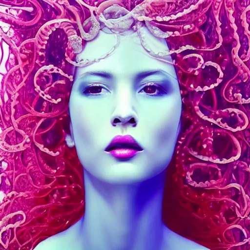 Prompt: Vass Roland cover art future bass girl un wrapped statue bust curls of hair petite lush side view body photography model full body!!! curly!!!!! jellyfish lips art contrast vibrant futuristic fabric skin jellyfish material metal veins!!!!! style of Jonathan Zawada, Thisset colours simple!!!!!! background objective