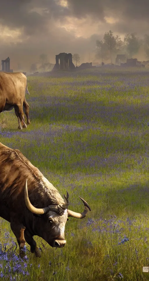 Prompt: a big bull with horns decorated with bluebells and ribbons, background is the ruins, in the steppe, summer field, misty background, from the game pathologic 2, highly detailed, sharp focus, matte painting, by isaac levitan and asher brown durand,