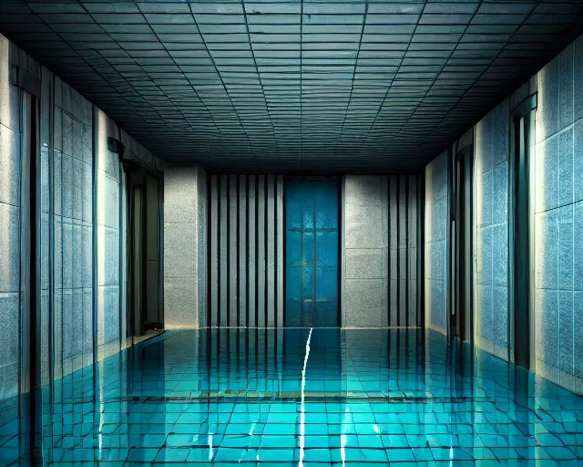 Prompt: 3 d photorealistic hyper realistic render of an eerie corridor of tiled swimming pool underground, endless tunnel, ambient light, heavenly light pouring in through windows, unreal engine, octane render