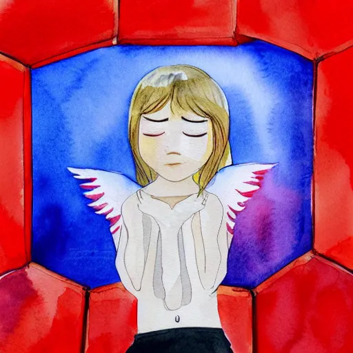 Image similar to Angel crying on top of a red ocean cube, trending on ArtStation watercolor drawing painting creative painterly artistic