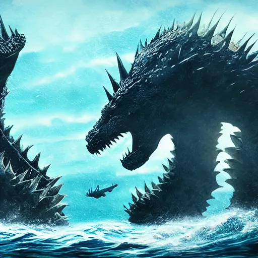 Prompt: Battle of two godzillas in the sea, very detailed, very realistic, artstation