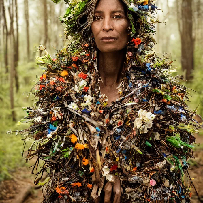 Prompt: closeup portrait of a woman wearing a cloak made of flowers and metal scraps, standing in a burnt forest, by Annie Leibovitz and Steve McCurry, natural light, detailed face, CANON Eos C300, ƒ1.8, 35mm, 8K, medium-format print