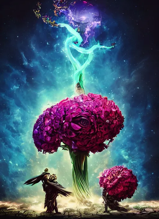 Image similar to An epic fantastic realism comic book style painting of the most beautiful entwined flowers launched across the dark galactic night sky, nebulous bouquets, fisheye lens, unreal 5, DAZ, hyperrealistic, octane render, dynamic lighting