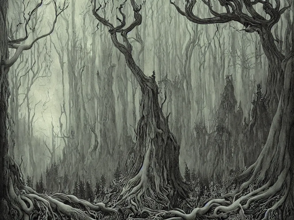 Image similar to ancient forest, artstation, by aubrey beardsley, by caspar david friedrich, by laurie lipton, by kay nielsen, by ivan shishkin, calligraphy, divine, spiritual, paradox, mysterious!, atmospheric, surreal, terrifying, witchcraft!, hope, mountains! background