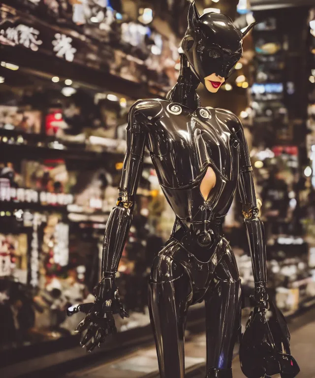 Image similar to high quality presentation photo of an evil robot anthropomorphic catwoman shopping in japan, photography 4k f1.8 anamorphic bokeh 4k Canon Nikon