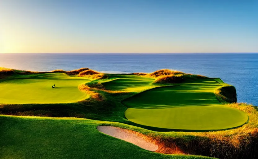 Image similar to a great photograph of the most amazing golf hole in the world, cliffs by the sea, perfect green fairway, human perspective, ambient light, 5 0 mm, golf digest, top 1 0 0, golden hour