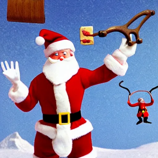 Image similar to Santa clause shooting an elf out of a slingshot across the mountains