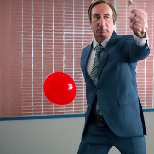 Image similar to saul goodman throwing dart at red ballon, still from better call saul