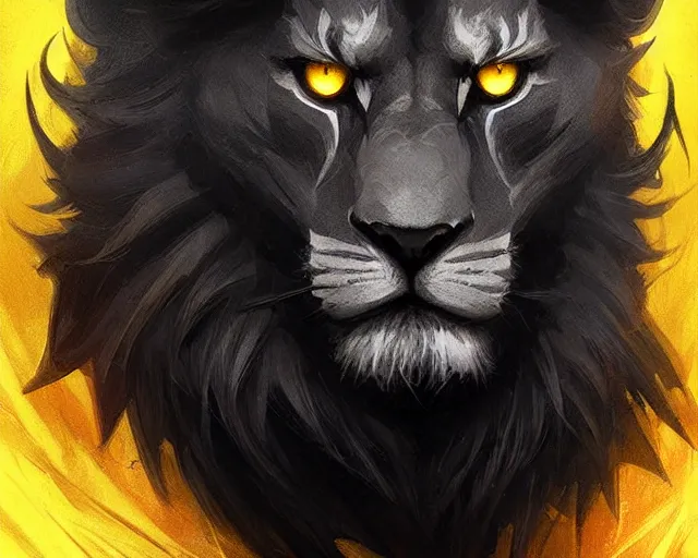 Prompt: black lion with deep big yellow eyes, deep focus, d & d, fantasy, intricate, elegant, highly detailed, digital painting, artstation, concept art, matte, sharp focus, illustration, hearthstone, art by artgerm and greg rutkowski and alphonse mucha