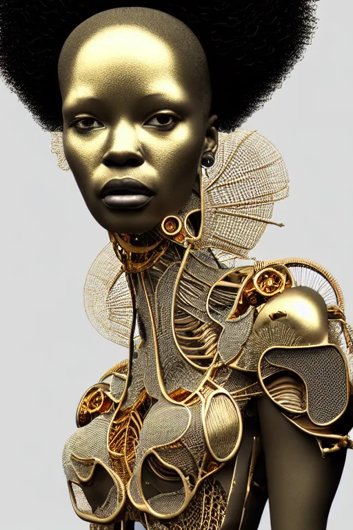 Prompt: complex 3d render ultra detailed of a beautiful porcelain profile afro woman face, earring, biomechanical cyborg, analog, 150 mm lens, beautiful studio soft light, rim light, silver gold details, big leaves and stems, roots, fine foliage lace, mesh wire, Alexander Mcqueen high fashion haute couture, art nouveau fashion embroidered, steampunk, intricate details, hyper realistic, ultra detailed, mandelbrot fractal, anatomical, facial muscles, cable wires, microchip, elegant, octane render, H.R. Giger style, volumetric lighting, 8k post-production