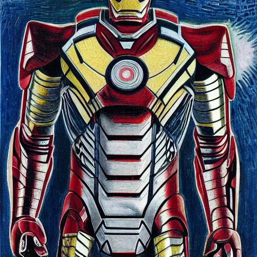 Prompt: portrait of iron man, mash - up between mc escher and vincent van gogh