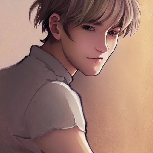 Image similar to young man with short, ash blond greyish hair, light brown eyes, casual clothes, relaxing, happy, path traced, highly detailed, high quality, digital painting, by studio ghibli and alphonse mucha, leesha hannigan, beautiful details, soft and warm