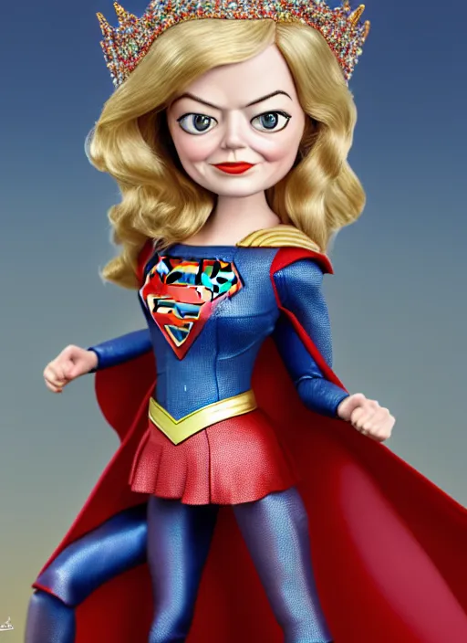 Prompt: highly detailed closeup, face profile portrait of a tin toy emma stone as supergirl as a fairytale princess wearing a crown, bikini, unreal engine, nicoletta ceccoli, mark ryden, earl norem, lostfish, global illumination, detailed and intricate environment