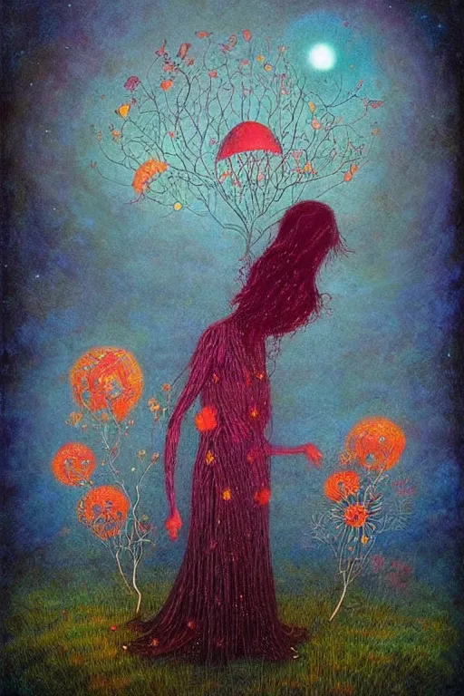 Image similar to surreal neil gaiman's Death, nostalgia for a fairytale, magic realism, flowerpunk, mysterious, vivid colors, by andy kehoe, amanda clarke