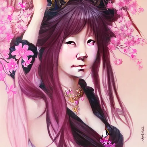 Prompt: Portrait of japanese gyaru, D&D, dark fantasy, pink hair, sakura blooming on background, intricate, elegant, highly detailed, digital painting, artstation, concept art, smooth, sharp focus, illustration, art by artgerm and greg rutkowski and alphonse mucha